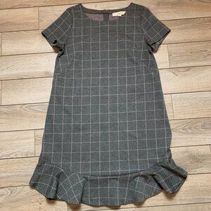 Ann Taylor LOFT Women Gray Pink Graphic Check Ruffle Trim 36" Length Dress~Sz 6
